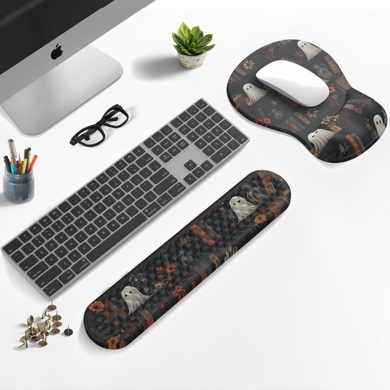 Mechanical Cattle Ghost Book Mousepad with Wrist Rest Halloween Computer Keyboard Mouse Pad Black Cute, Mouse Pad with Wrist Rest for Computer Keyboard, 2 In1 Mousepad with Wrist Support Easy Typing&Relieve Wrist Pai - Image 2